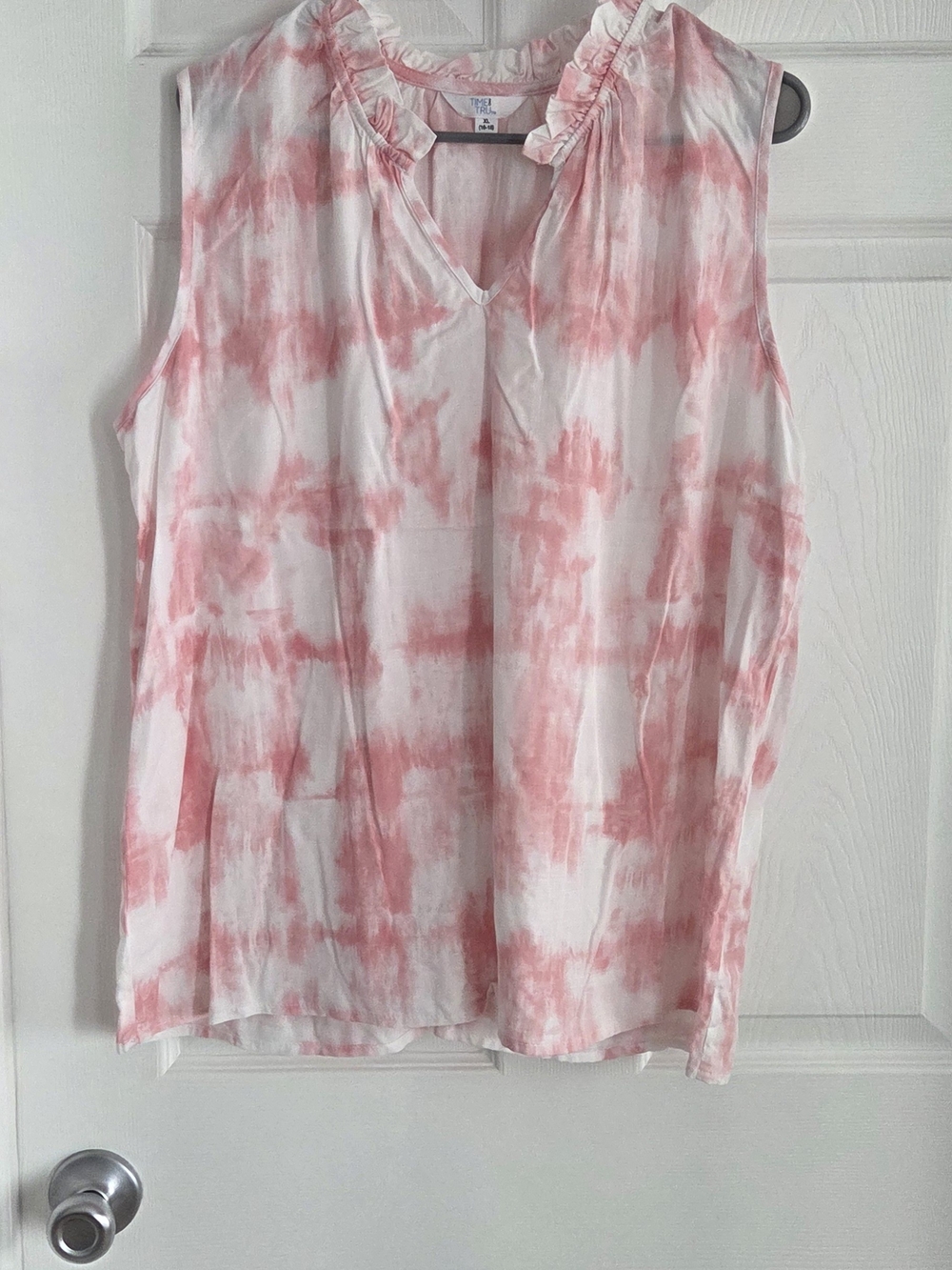 Terra & Sky Pink and White Tie-Dye Ruffle V-Neck Sleeveless Tank Top
